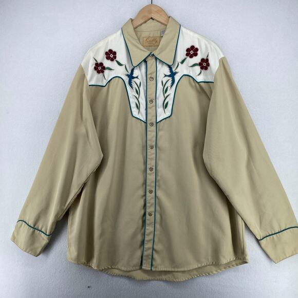 SCULLY Shirt Mens XL Floral Pearl Snap Button Up Western Cowboy Twill Beige - Picture 4 of 16